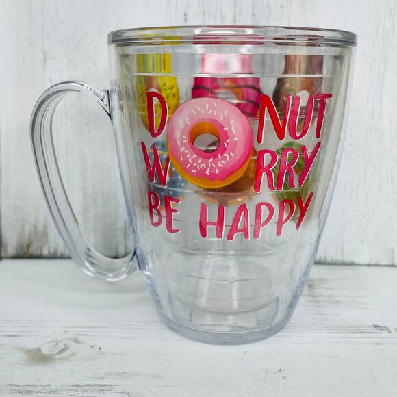 TERVIS "Donut Worry Be Happy" Plastic Insulated Mug w/ Handle Donuts Doughnuts - Picture 1 of 7